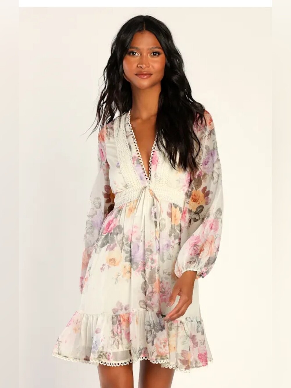 Lulu’s Floral Crochet V-Neck Sheer Long Sleeve Mini Dress XS